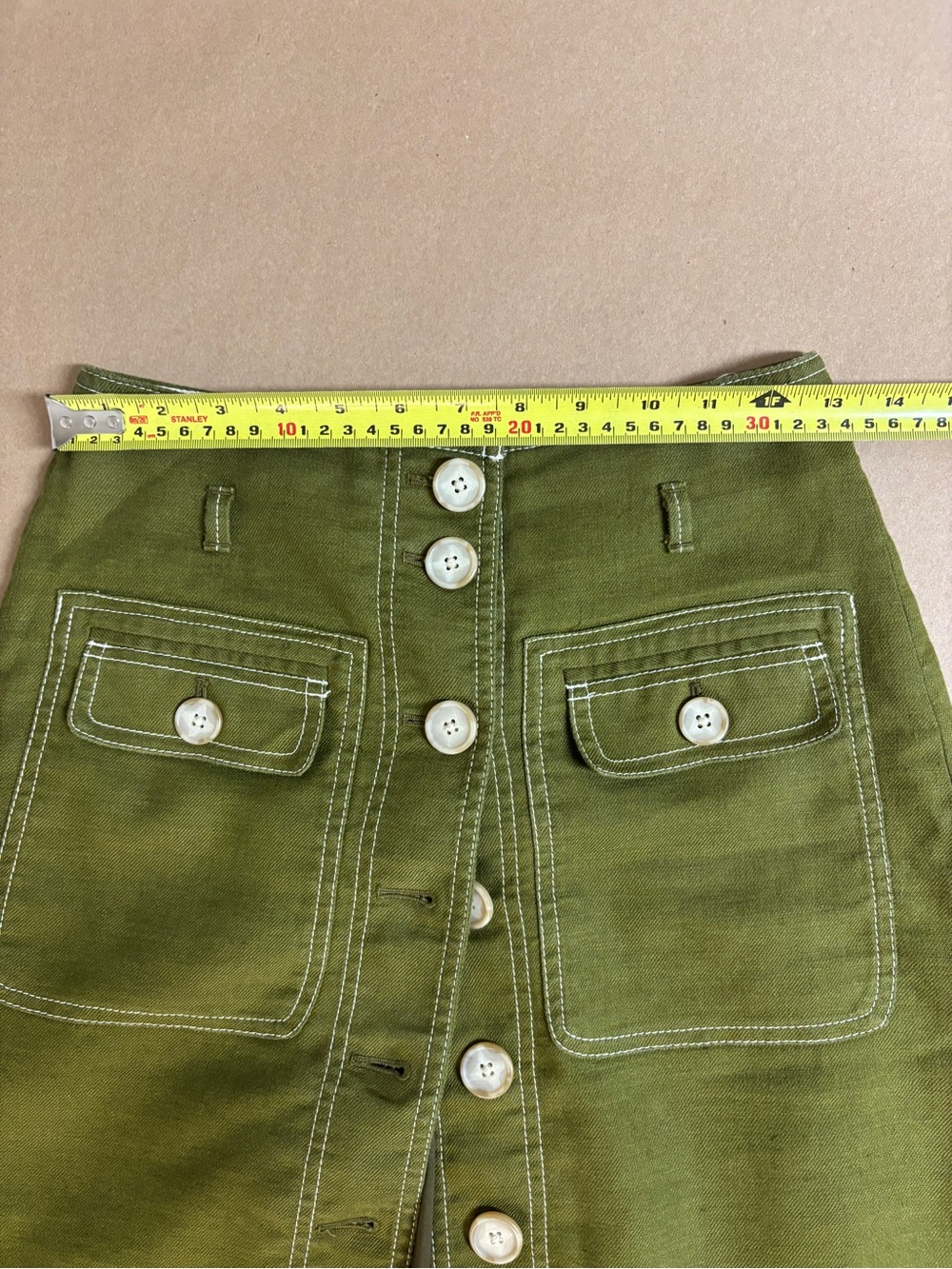 🦒 J. Crew Olive Green Button-Front A-Line Skirt with Waist Tie - Picture 4 of 9